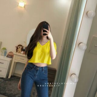 Áo thun giấy croptop cổ tim màu + sọc