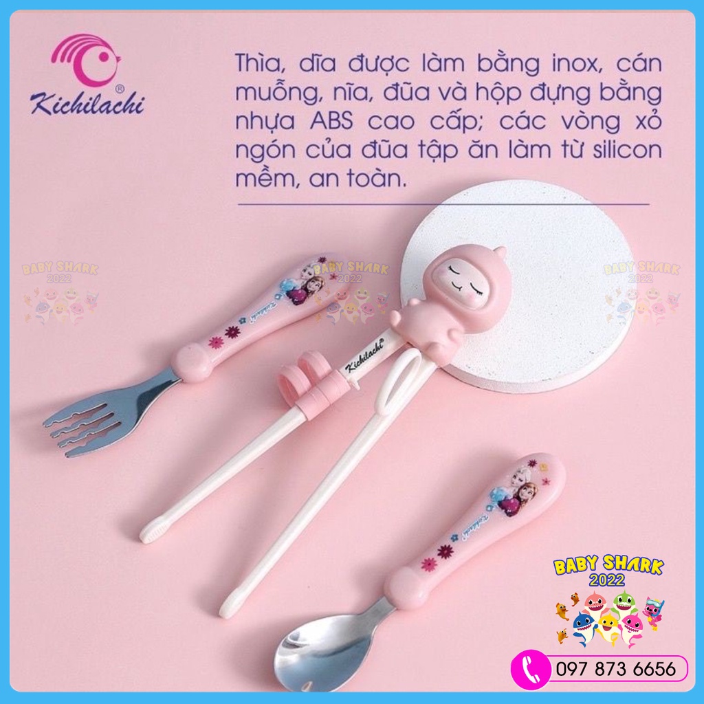 Bộ thìa dĩa đũa cho bé tập ăn Kichilachi CÓ HỘP ĐỰNG cao cấp chính hãng