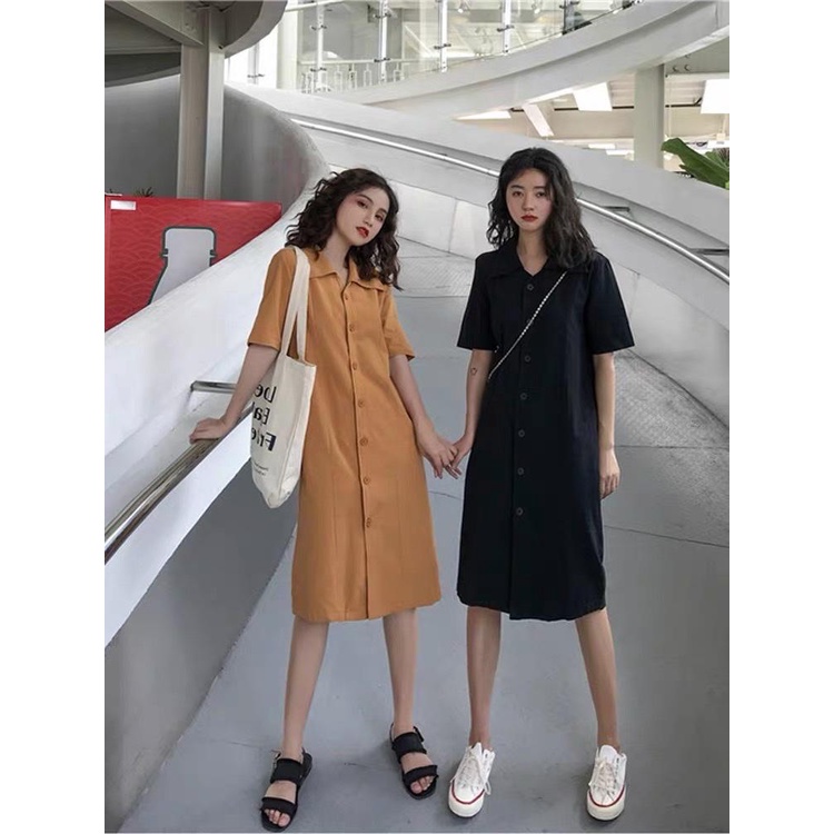 Váy sơ mi  thô 1789 dáng xuông trơn tay lỡ / Đầm sơ mi dáng vừa Nhung Nhớ A1151N