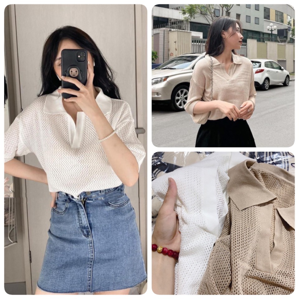 Áo Polo Len Lưới Nữ Hàng Quảng Châu Cao Cấp Cổ Bẻ Tay Ngắn Ailee