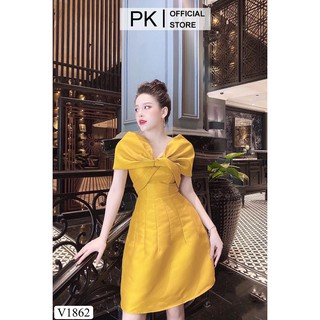 Đầm Thiết Kế Dáng Suông Vàng Trễ Vai Xoắn Ngực V1862, Váy Suông Tafta Cao Cấp - PK Official