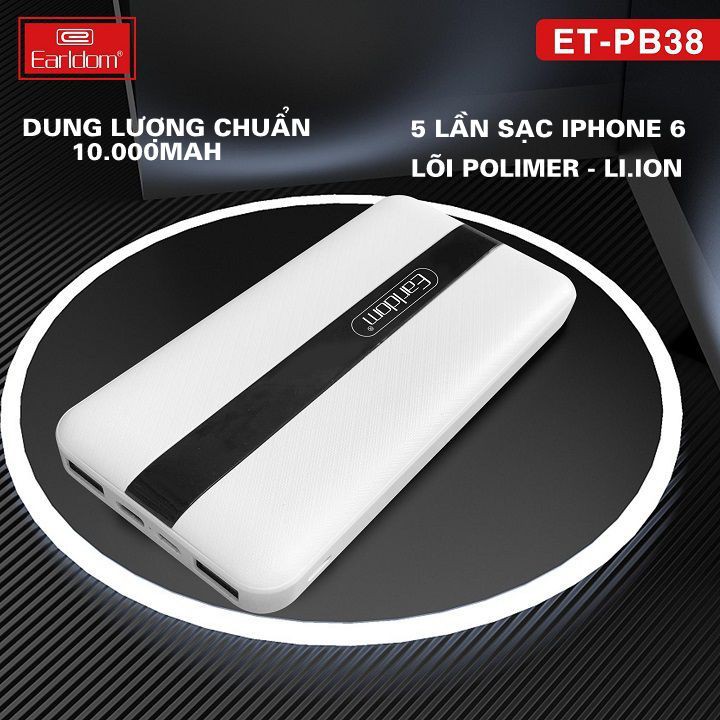 Sạc dự phòng 10.000 mAh có màn hình báo % pin, pin tích điện dung lượng cao đạt chuẩn - Earldom ET PB38 KLH