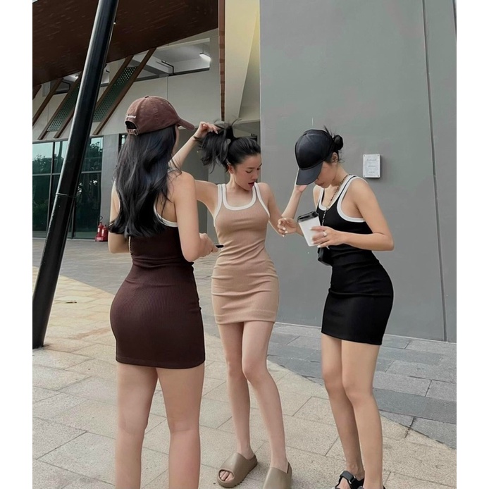 [Ảnh thật/Video] Đầm ôm body phối viền trắng Hàn Quốc tôn dáng
