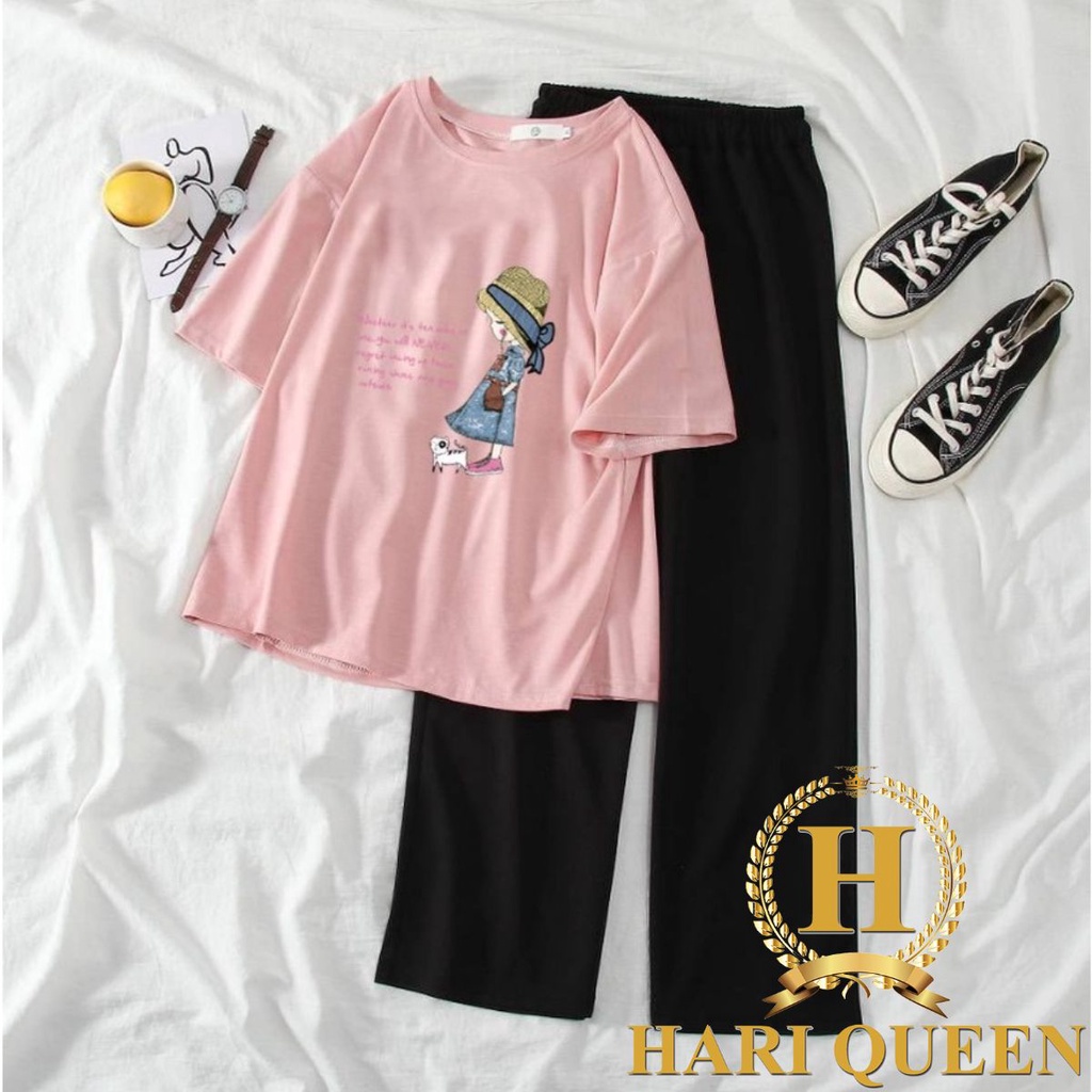 Sét áo phông cô gái và mèo  + quần ống rộng dài đen HARIQUEEN