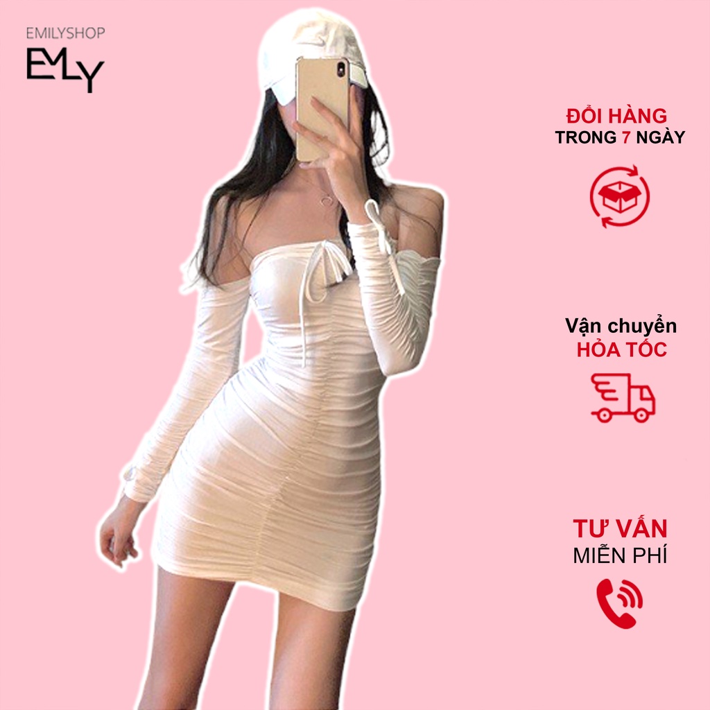 Đầm thun nữ dáng ôm body kiểu trễ vai bo ngực Emilyshop ulzzang