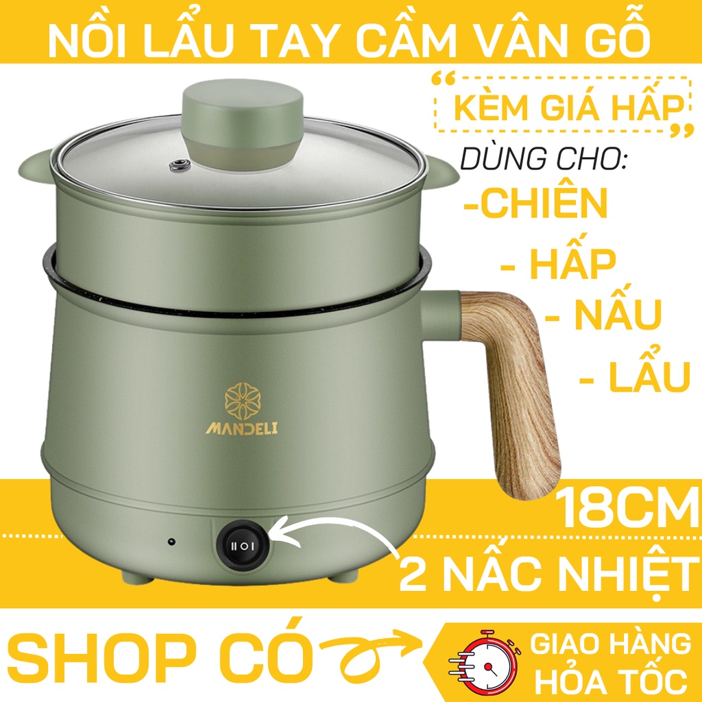 Nồi Lẩu Mini Tay Cầm Gỗ, Ca Nấu Mì Đa Năng Dung Tích 1,8L - 2 Nấc Nhiệt Kèm Giá Hấp Size 18cm Tiện Dụng
