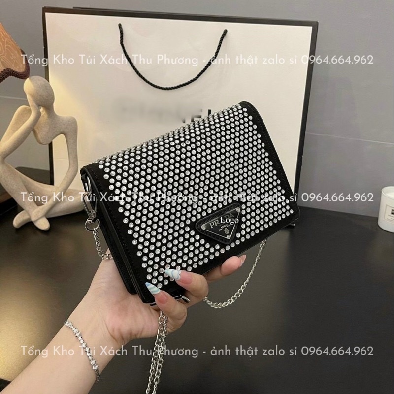 Túi đeo chéo nữ, Túi Pra.đà đính đá lấp lánh hàng loại 1 size 18 vừa điện thoại (fullbox - ảnh thật shop chụp)