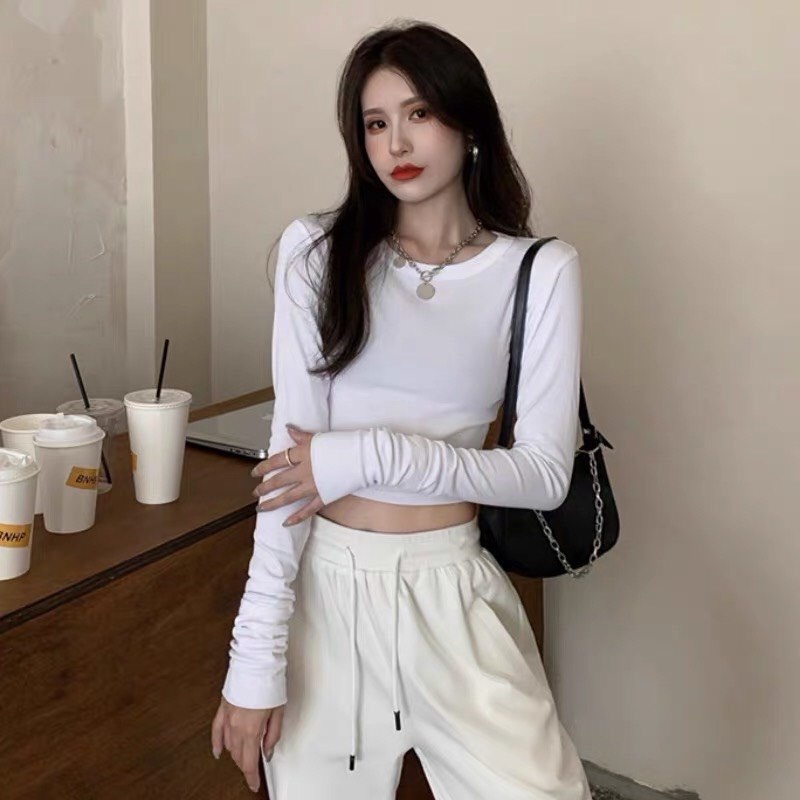 Áo Croptop Tay Dài Cổ Tròn Dáng Ôm Body Trơn Nhẹ Nhàng