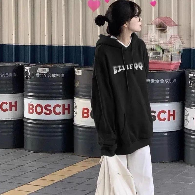 Áo Khoác sweater Có Mũ Trùm Phối Nhung Dày Dáng Rộng Thời Trang Thu Đông Mới 2021 Cho Nữ