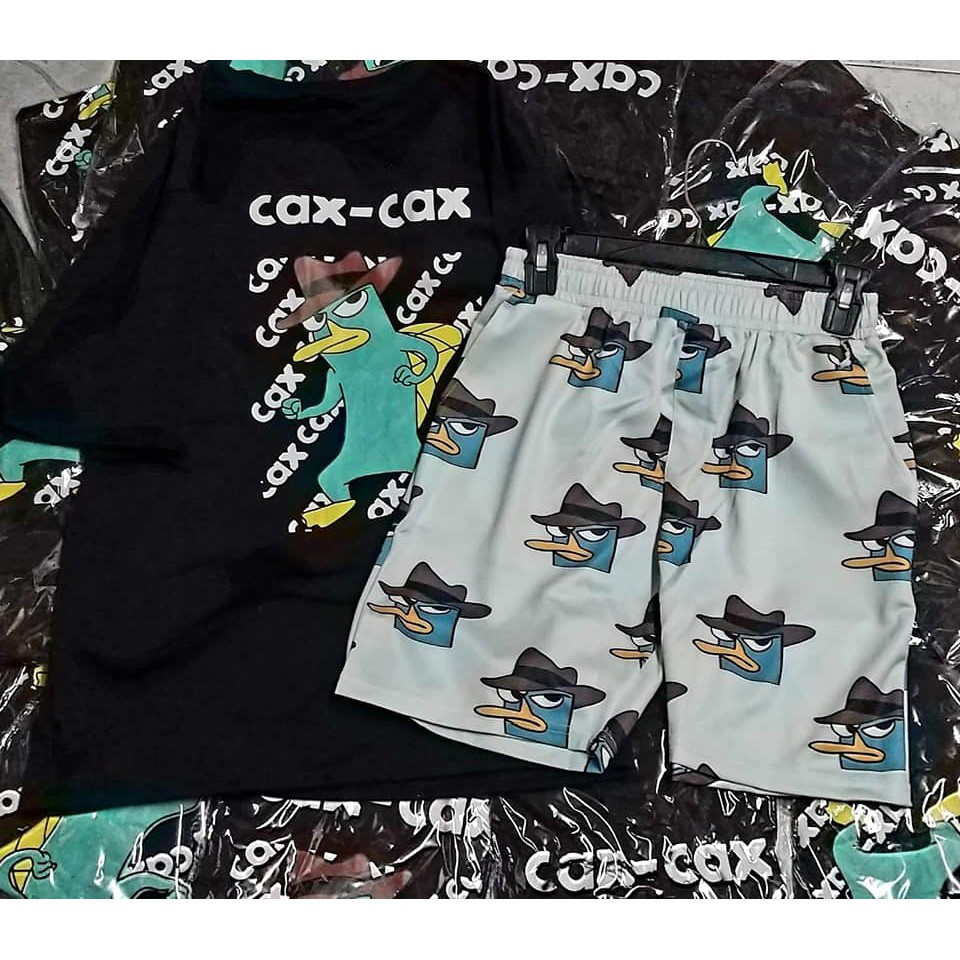 Set áo tay lửng One Piece Luffy Zoro thú mỏ vịt Perry + quần short cartoon perry/ kaki đen unisex