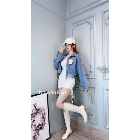 Áo khoát jeans dệt kẻ cổ bẻ