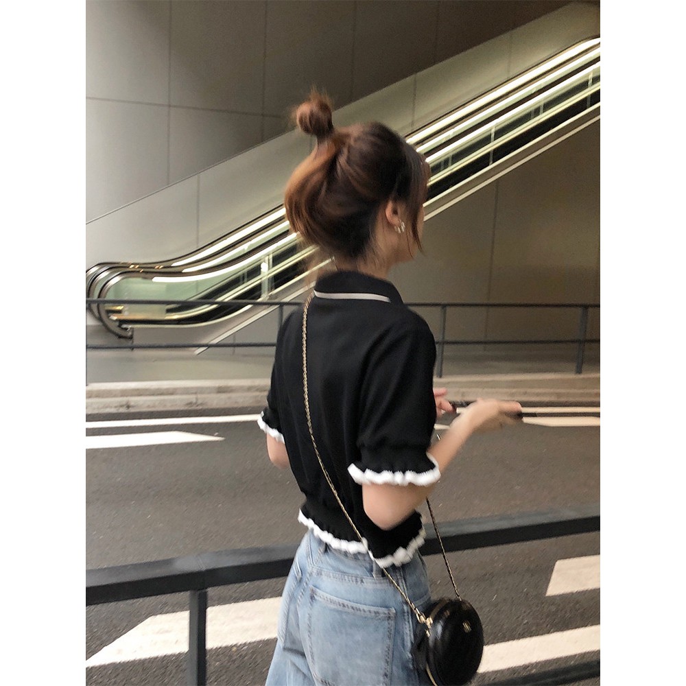 Áo Ulzzang nữ dáng croptop cổ Polo chất len tăm đen viền trắng độc đáo phong cách Hàn Quốc C23 - MaoMao