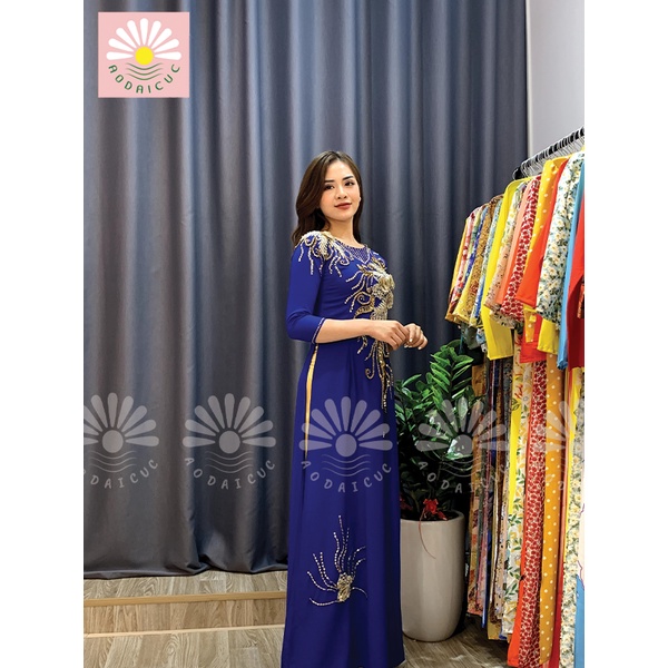 Áo dài mẹ -bà sui ,màu xanh cô ban, thêu tay thủ công, đính hạt pha lê cao cấp - M05