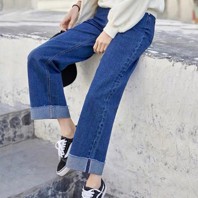 Quần jean nữ ống rộng cạp cao gấp gấu F03