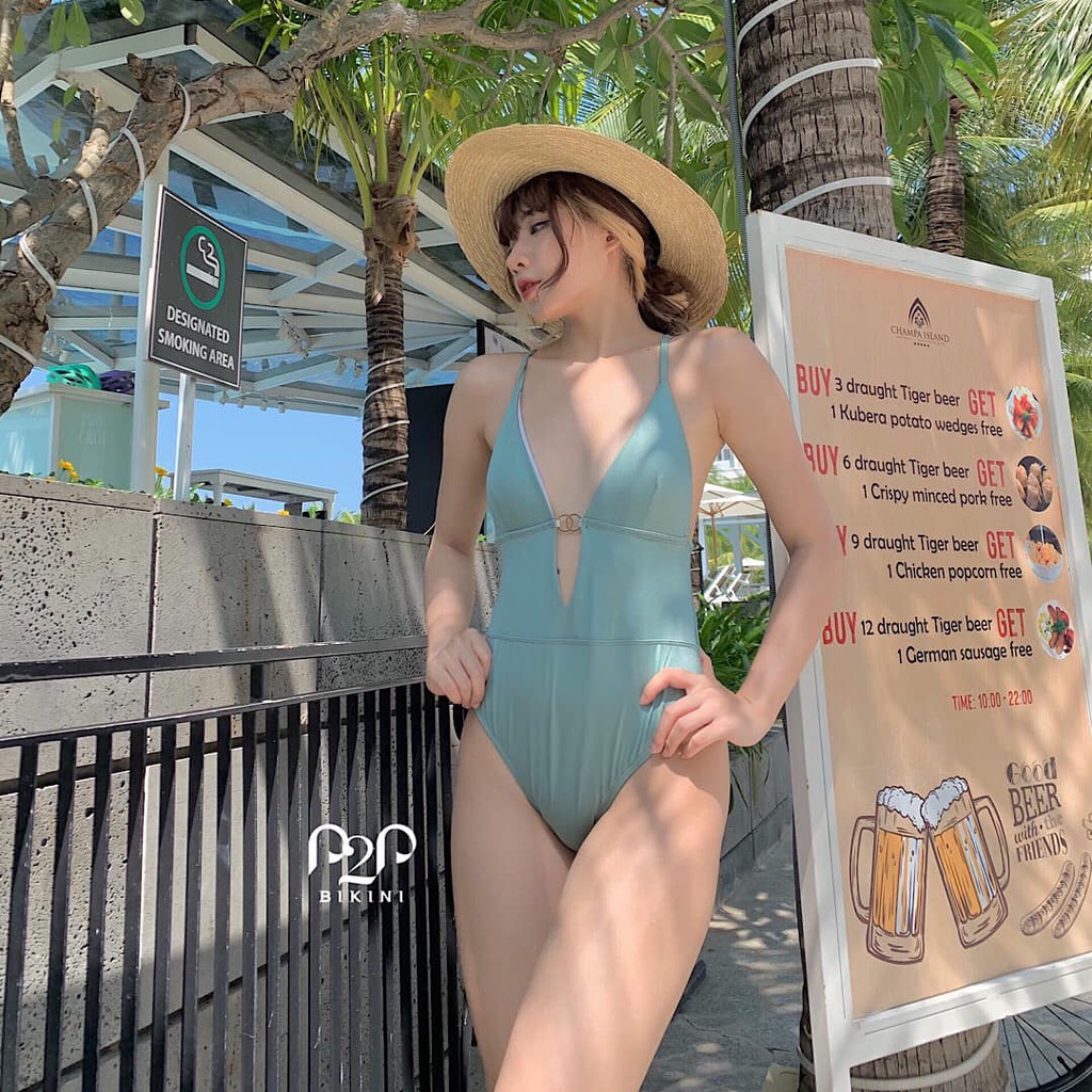 P2P BIKINI - Monokini hai dây basic phối khoen xanh ngọc - MN370M_HD