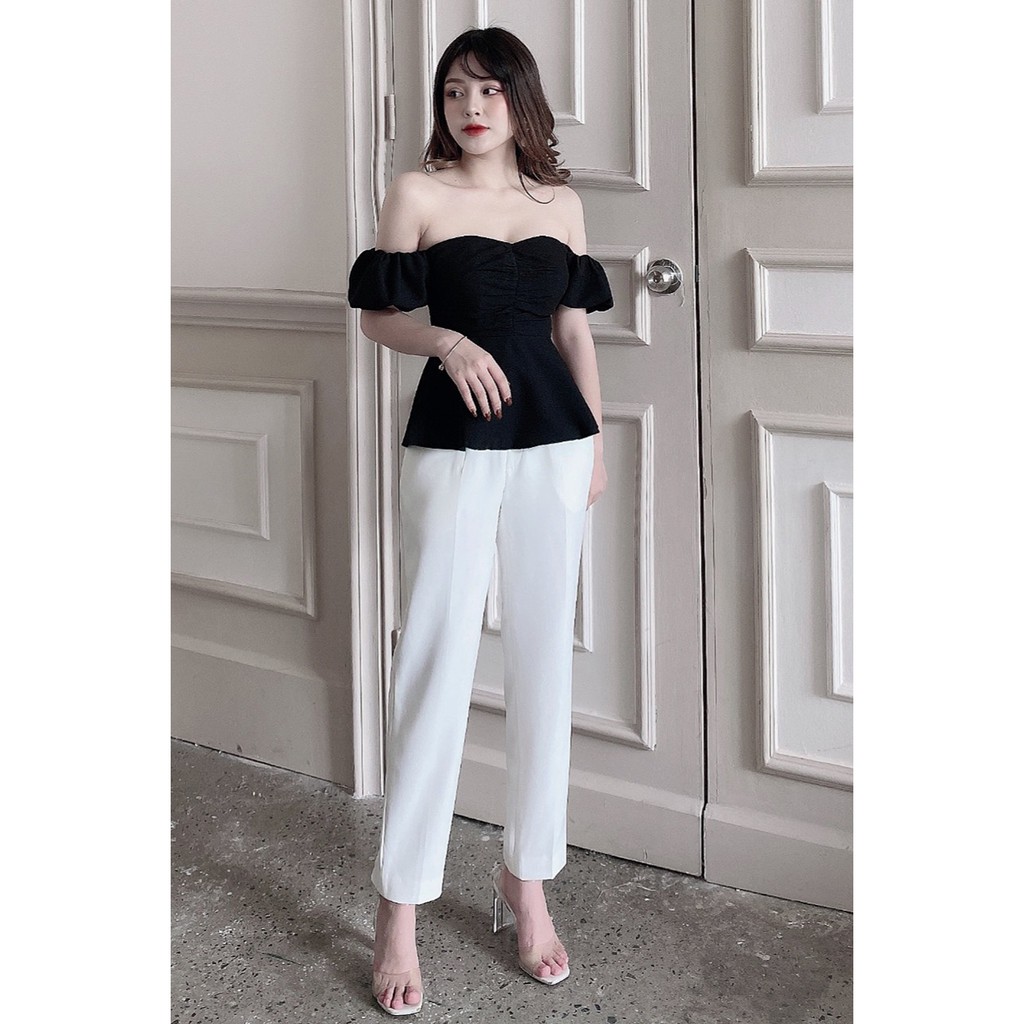 Áo sơ mi nữ 92WEAR kiểu ngắn tay trễ vai màu trắng hồng gợi cảm sexy tay bồng hàn quốc trơn đẹp ASW0543 - 92Wear