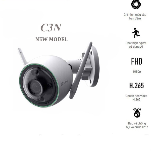 Camera Wifi EZVIZ C3N 1080P Full HD, có màu ban đêm , không còi , có đèn báo động , báo động Ai nhận dạng người và xe