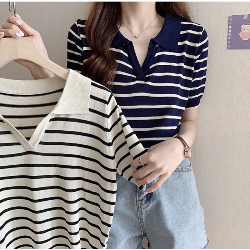 [Free Ship][Ảnh Thật] Áo len Nữ mongtoghi kẻ 2 màu đen/be | BigBuy360 - bigbuy360.vn