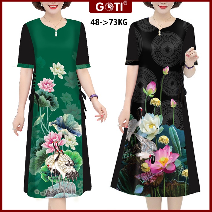 GOTI - Đầm Trung Niên Suông Bigsize Vải Lụa Tay Ngắn Váy Dài Qua Gối Nhiều Size Cho Người Mập 3333 3334