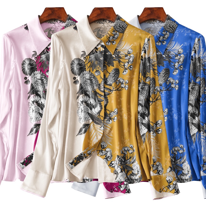 Áo sơ mi ZANZEA cổ bẻ tay dài vải satin in họa tiết hoa thời trang sang trọng dành cho bạn nữ