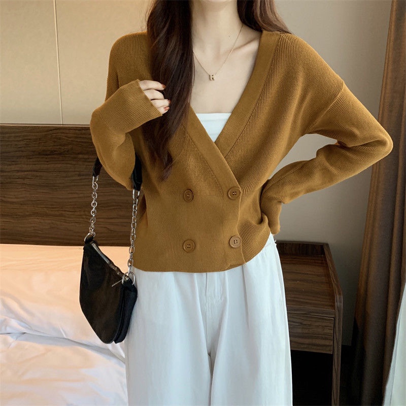 Có sẵn - Áo len dệt kim dài tay nút chéo freesize dưới 60kg