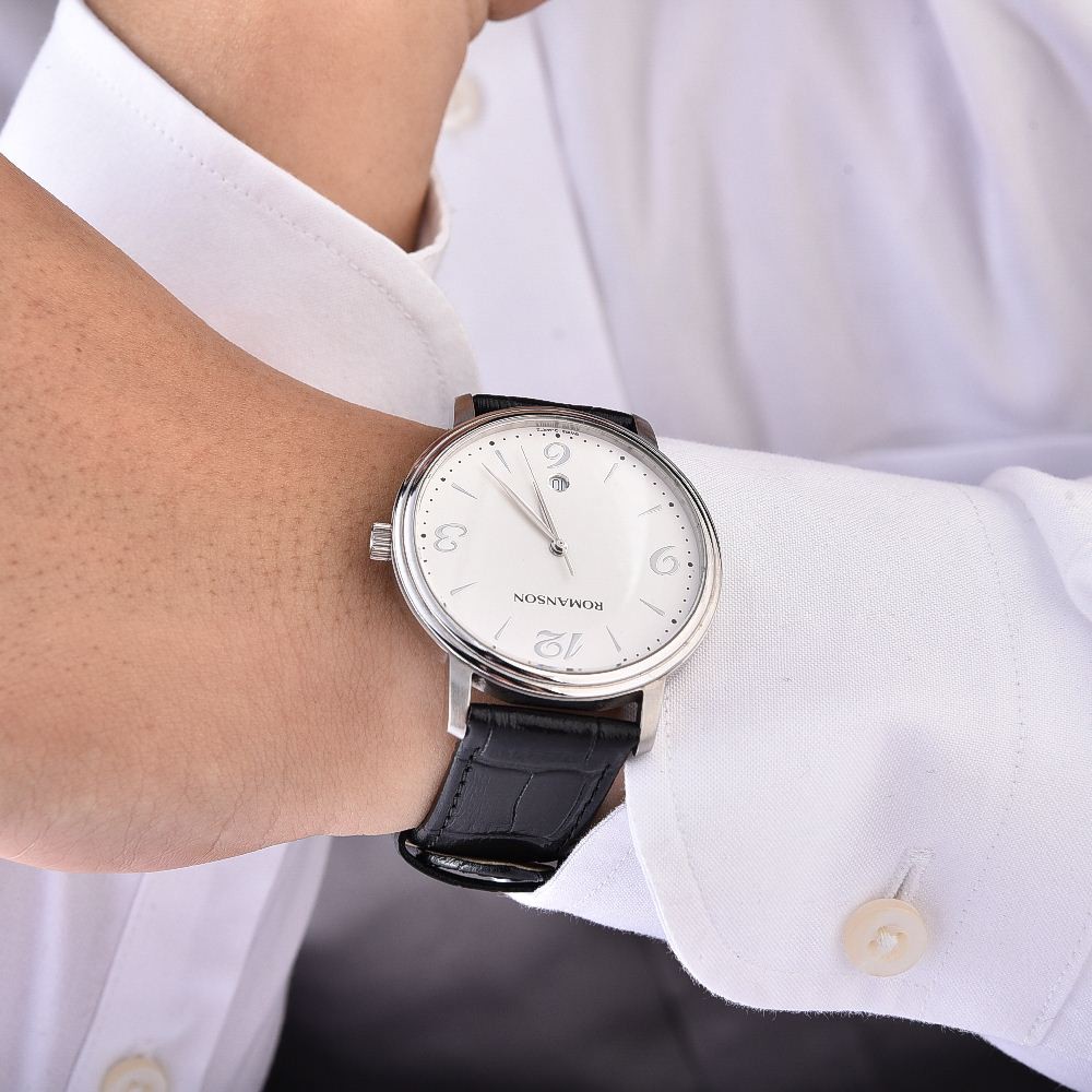 Đồng hồ nam Romanson Men Watch TL4259MWWH mặt mỏng có lịch ngày chống nước, kính chống xước, dây da cao cấp chính hãng
