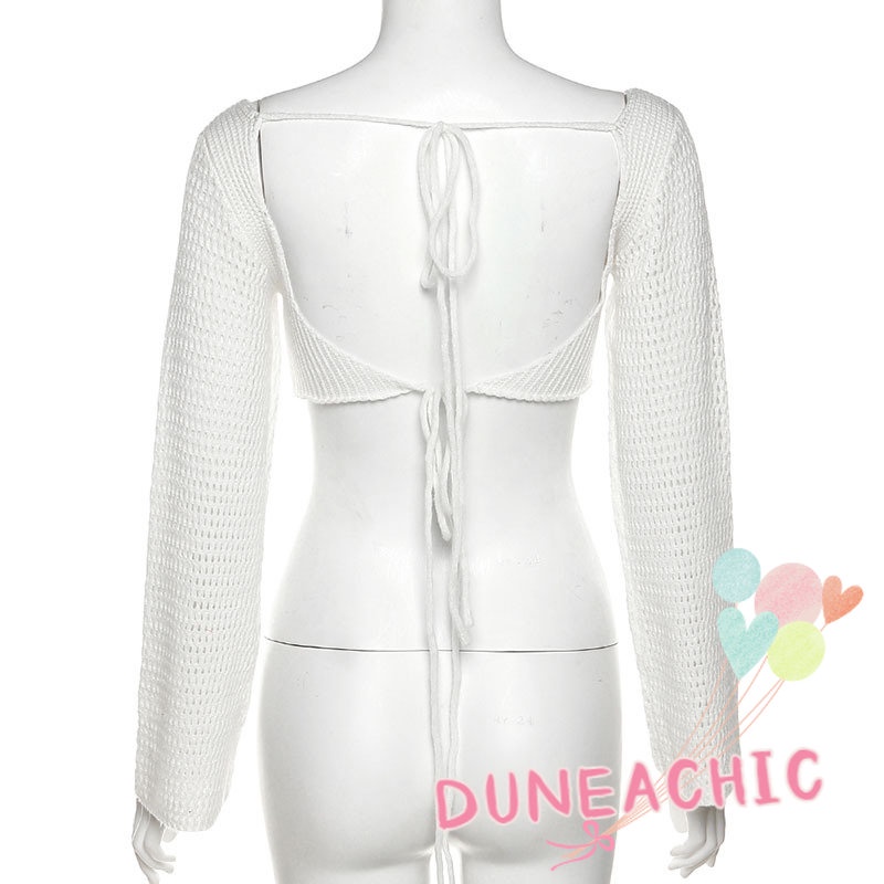 DUNEA Áo Dệt Kim Tay Dài Cổ Vuông Hở Lưng Quyến Rũ Cho Nữ