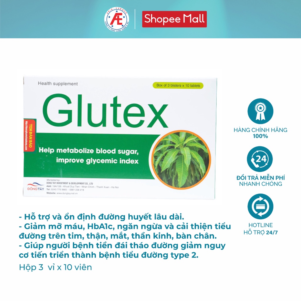 Glutex hỗ trợ hạ nhanh và ổn định đường huyết lâu dài hộp 30 viên DƯỢC PHẨM Á ÂU