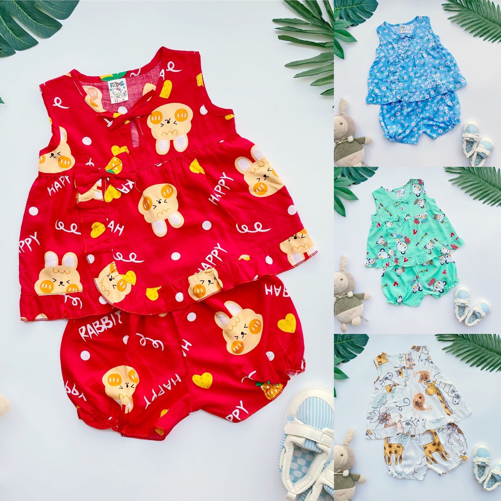 Đồ bộ vải tôn (tole - lanh) mẫu nơ eo mềm - mịn - mát cho bé gái 7-9kg (hình thật)