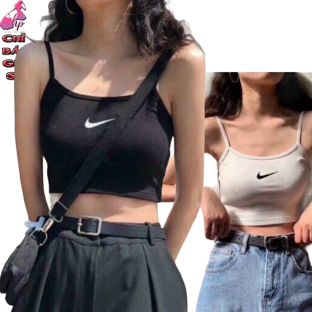 Áo kiểu croptop 2 dây nữ đẹp ôm body thun cotton thêu logo phong cách hàn quốc cực dễ thương mẫu mới thời trang 2021