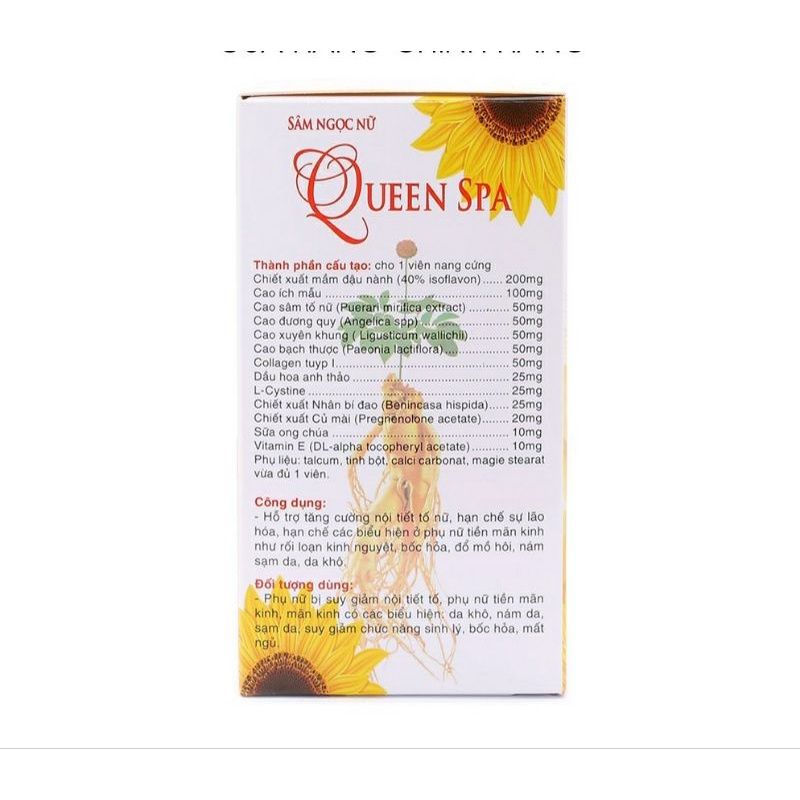 Viên uống đẹp da sâm tố nữ Queen spa giúp làm đẹp da tăng cường nội tiết tố nữ