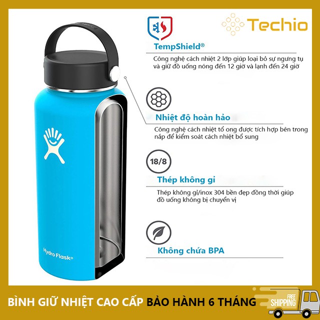 [CHÍNH HÃNG] Bình Giữ Nhiệt Hydro Flask, Công Nghệ Cách Nhiệt 2 Lớp Giữ Nhiệt Lâu, Thép Không Gỉ, Không BPA - Techio