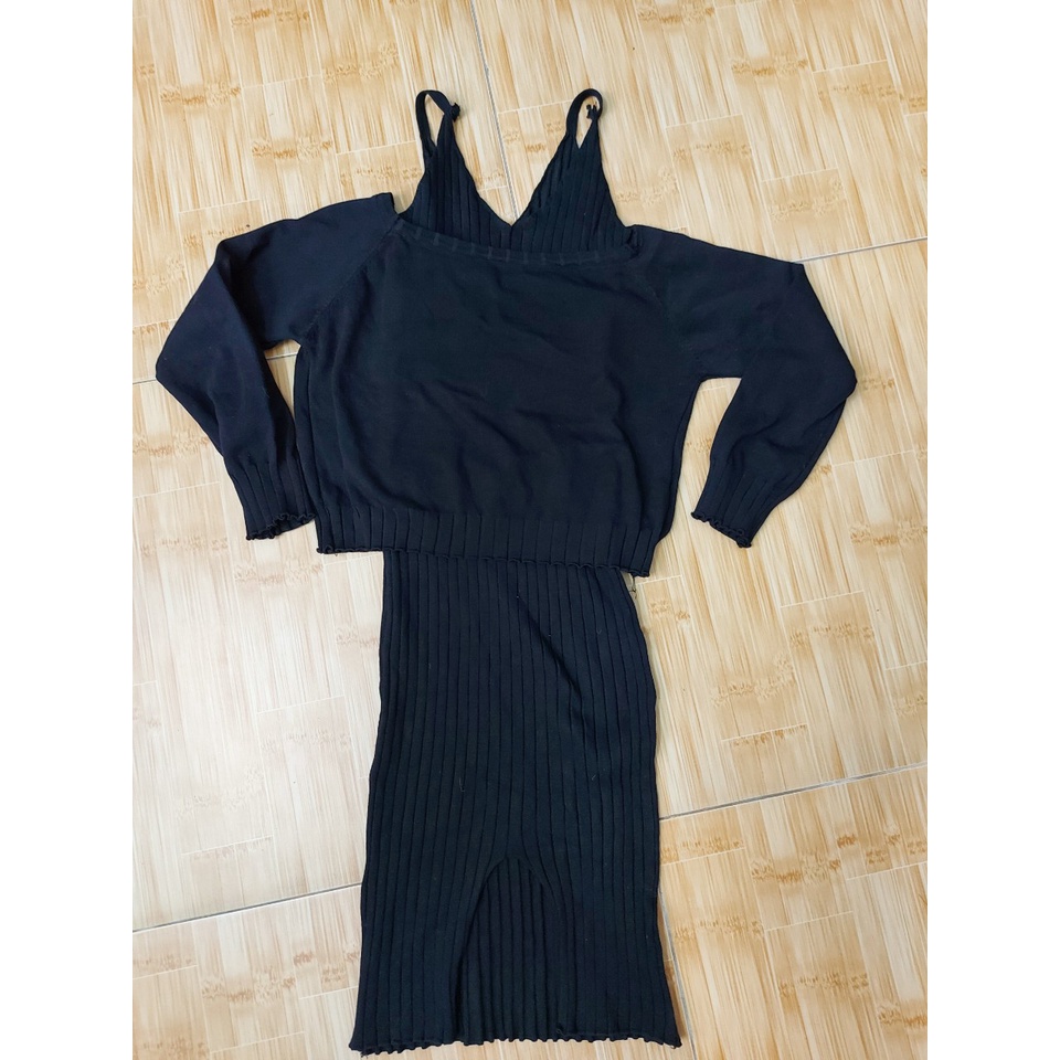 TL sét áo váy len mỏng size S màu đen, sét len mỏng mặc mùa thu hoặc mùa xuân