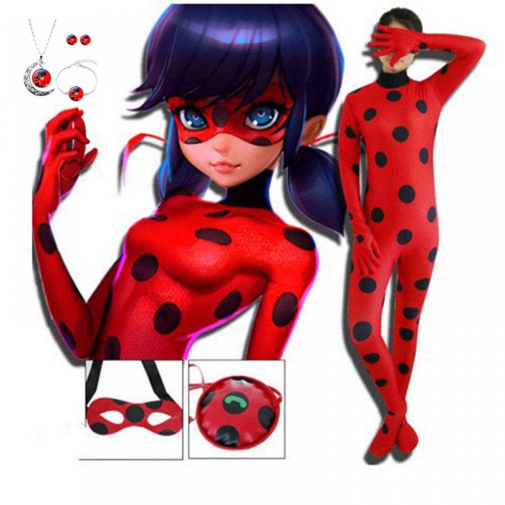 Bộ Áo Liền Quần Chấm Bi Đỏ Kèm Túi Mắt Mèo Đen Hóa Trang Halloween Cho Bé Gái