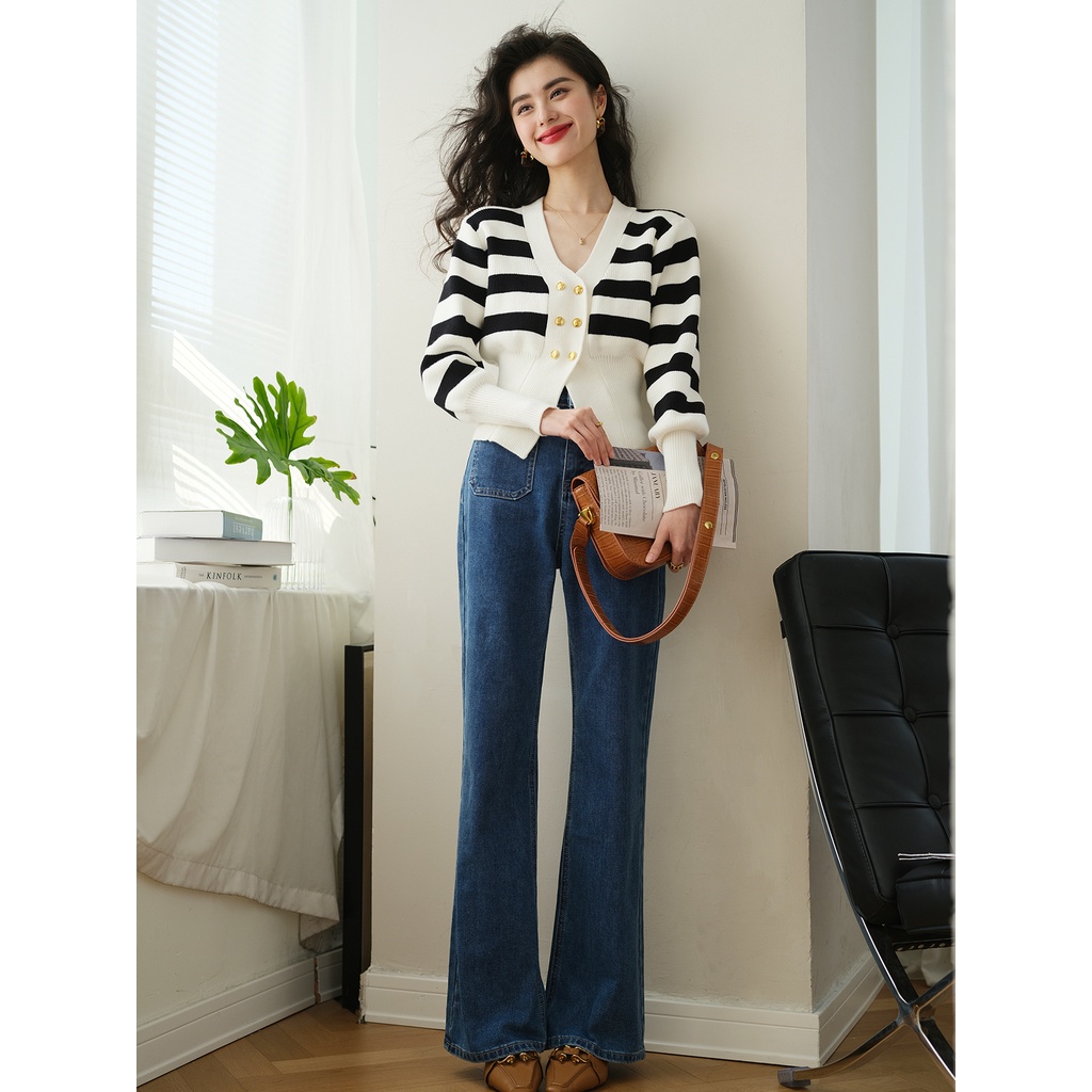 Áo khoác cardigan dệt kim ZHELIHANGFEI tay dài cổ chữ V họa tiết sọc thời trang sành điệu cho nữ