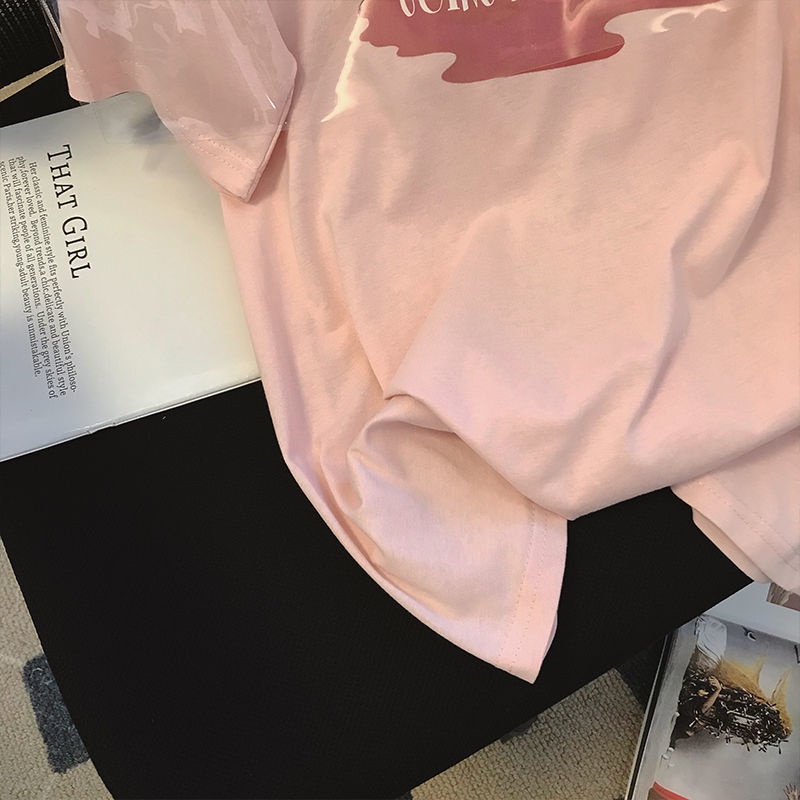 Áo Thun Nữ Ngắn Tay Cổ Tròn In Chữ Màu Hồng
