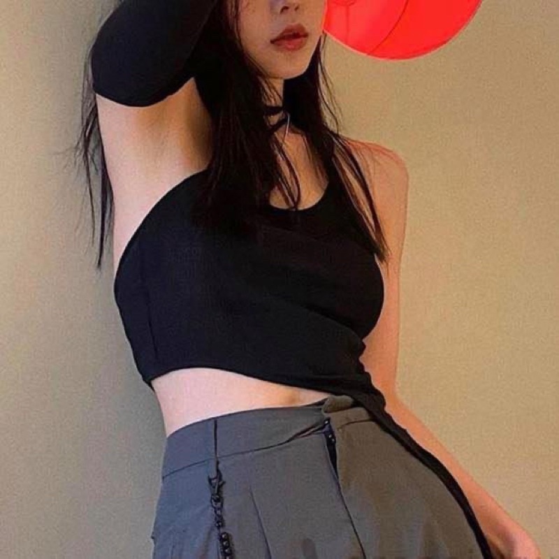 Áo hai dây kiểu yếm Croptop nữ phối tay dài rời thun basic đen - Order taobao quảng châu
