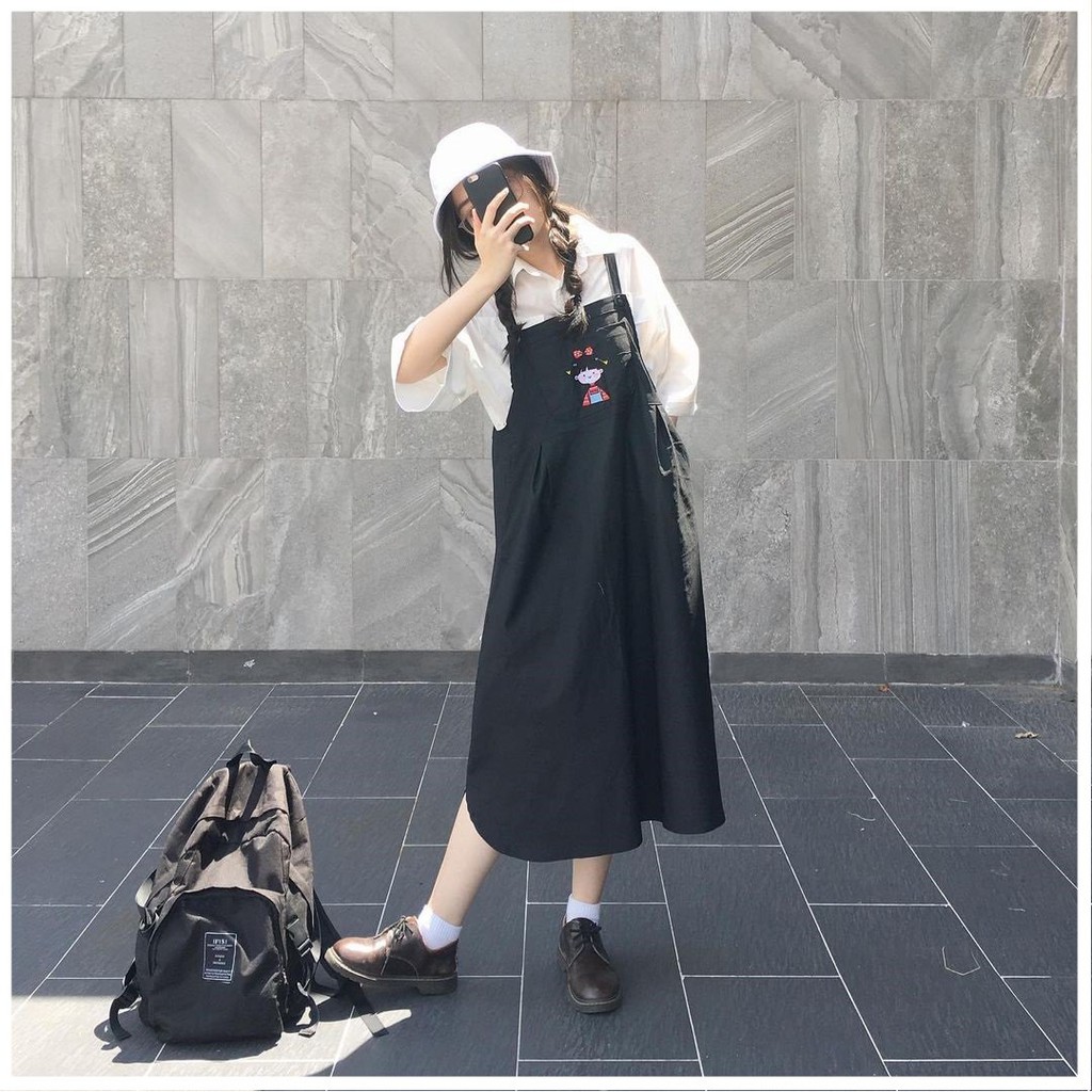 Váy Yếm Suông Thêu Hình Cô Bé Siêu Cute Đầm Yếm Nữ Dễ Thương LD019