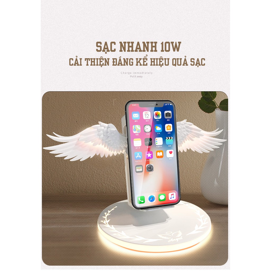 Sạc không dây cánh thiên thần , tự động mở cánh , chế độ bảo vệ mạch , có đèn led nhiều màu , đế sạc , sạc nhanh