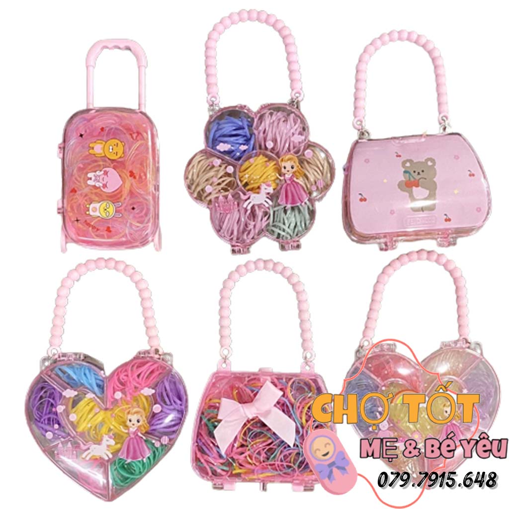 Hộp Túi Xách Kèm Thun Cột Tóc Thái Siêu Dày, Không Đau Tóc cho bé nhiều mẫu dễ thương