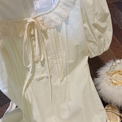 [MURIOKI] Đầm Công Chúa Cổ Vuông Phối Ren Màu Trắng Phong Cách Pháp Thời Trang 2022 Sang Trọng Cho Nữ