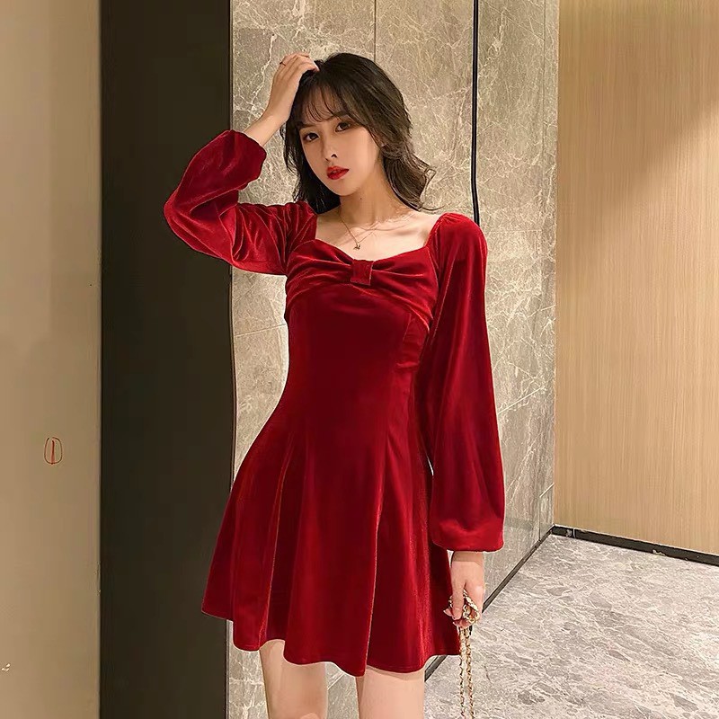 Đầm Nhung Thắt Nơ Ngực Dáng Xoè | BigBuy360 - bigbuy360.vn