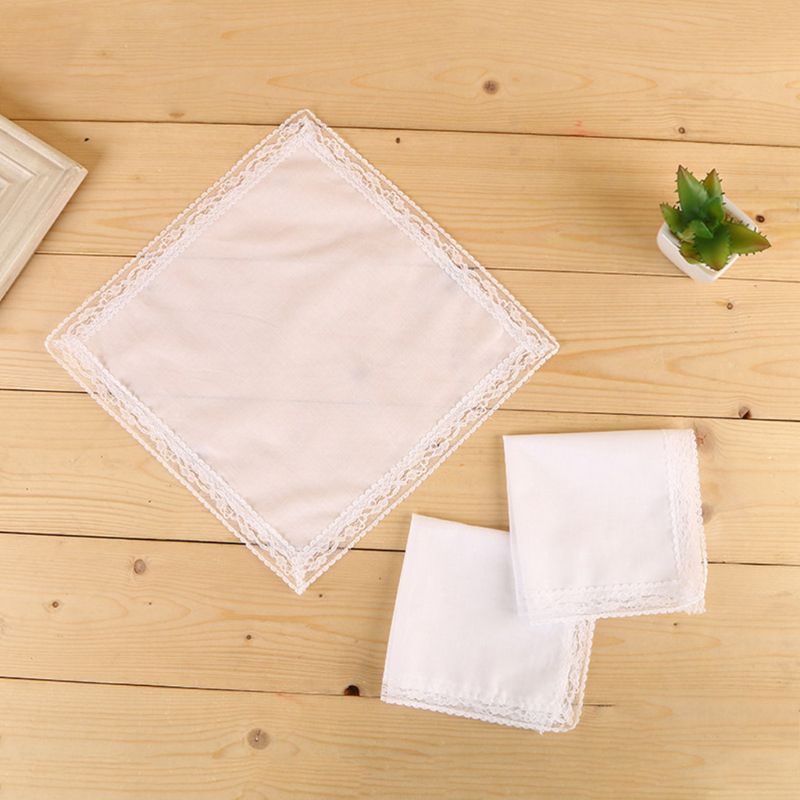 Khăn Tay Cô Dâu Vải Cotton Phối Ren Màu Trắng Trơn Kích Thước 25x25cm