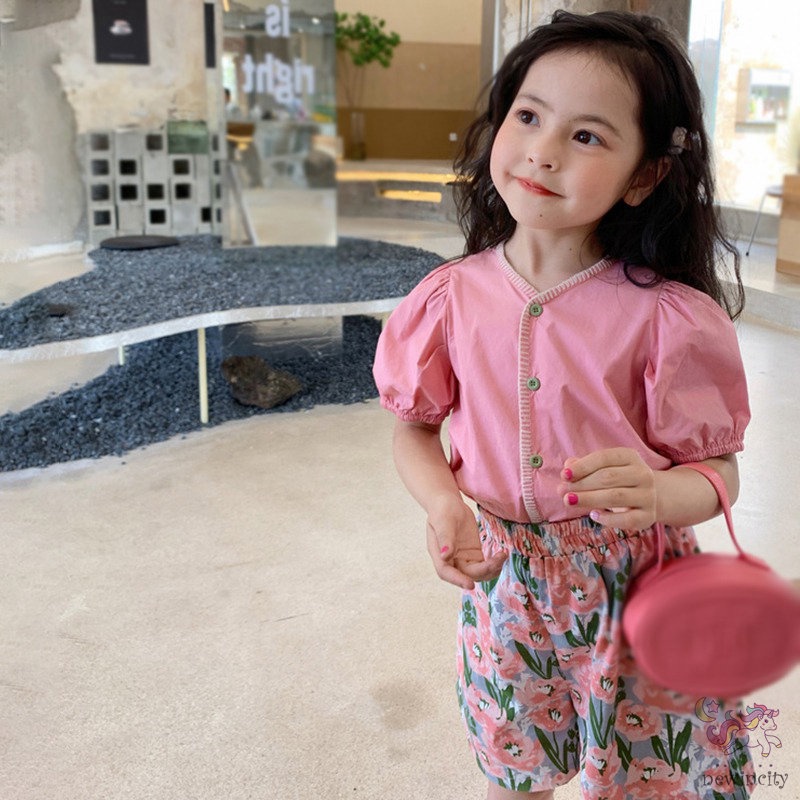 Bộ Áo Tay Phồng + Quần Short In Hoa Thời Trang Mùa Hè Hàn Quốc Cho Bé Gái