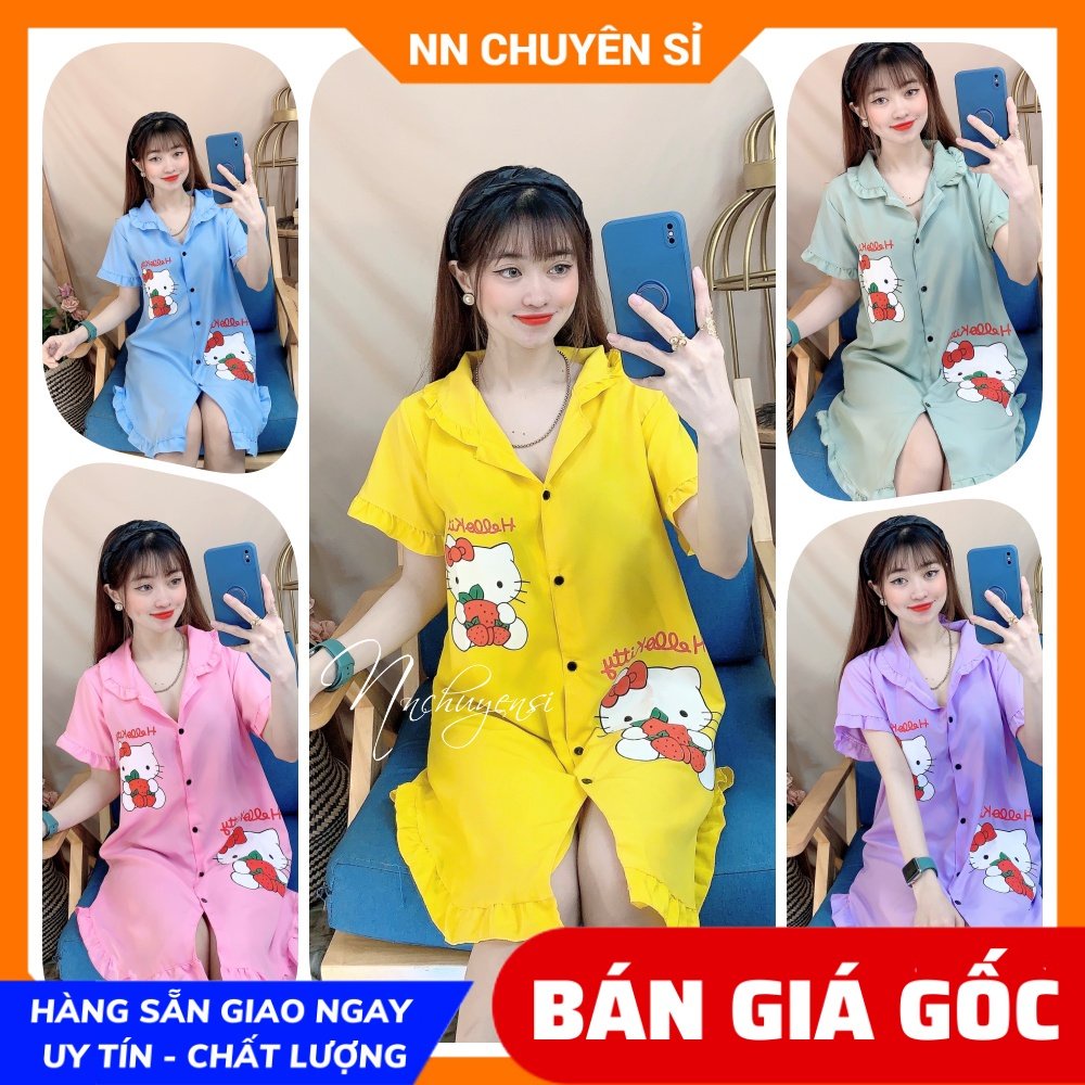 Đầm ngủ nữ chất kate mềm mát in hình kitty hoạt hình dễ thương D873