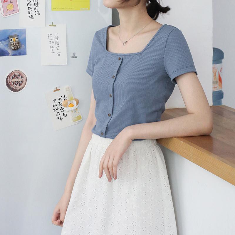 váy tennischân váy tennis▩❍[With cotton] Màu đỏ ròng retro ngọt ngào cổ vuông phía trên rời áo thun nữ dài tay