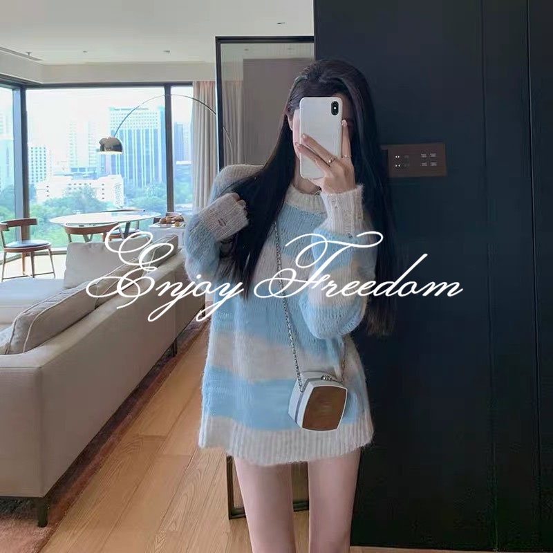 Enjoy Freedom Áo sweater Dệt Kim Dáng Rộng Dài Vừa Phải Kẻ Sọc Rỗng Thời Trang Mùa Thu Cho Nữ
