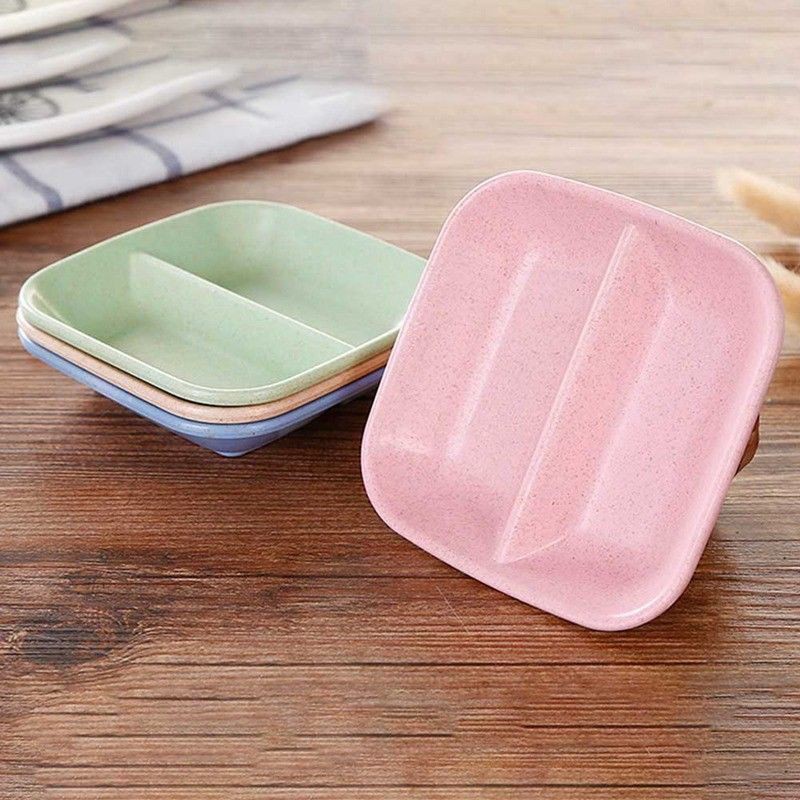 1 Pc Polychromatic Square Double Lattice Wheat Straw Snack Plate Seasoning Dish