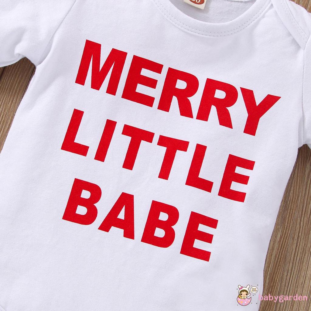 Set áo liền quần cổ tròn dài tay in chữ + quần giả váy màu trơn kèm băng đô phong cách giáng sinh cho bé gái 0-18 tháng