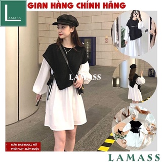 Set váy babydoll trắng kèm áo gile đen dây buộc eo, sét đầm ulzzang mix áo gile suông thụng, thời trang thu đông -LAMASS